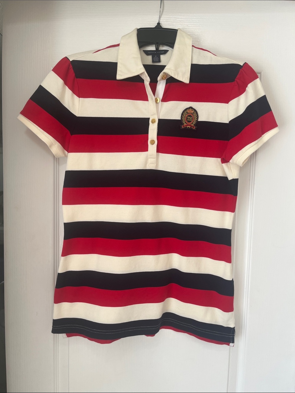 Tommy Hilfiger Women’s Red, Black & White Striped Polo Shirt, M